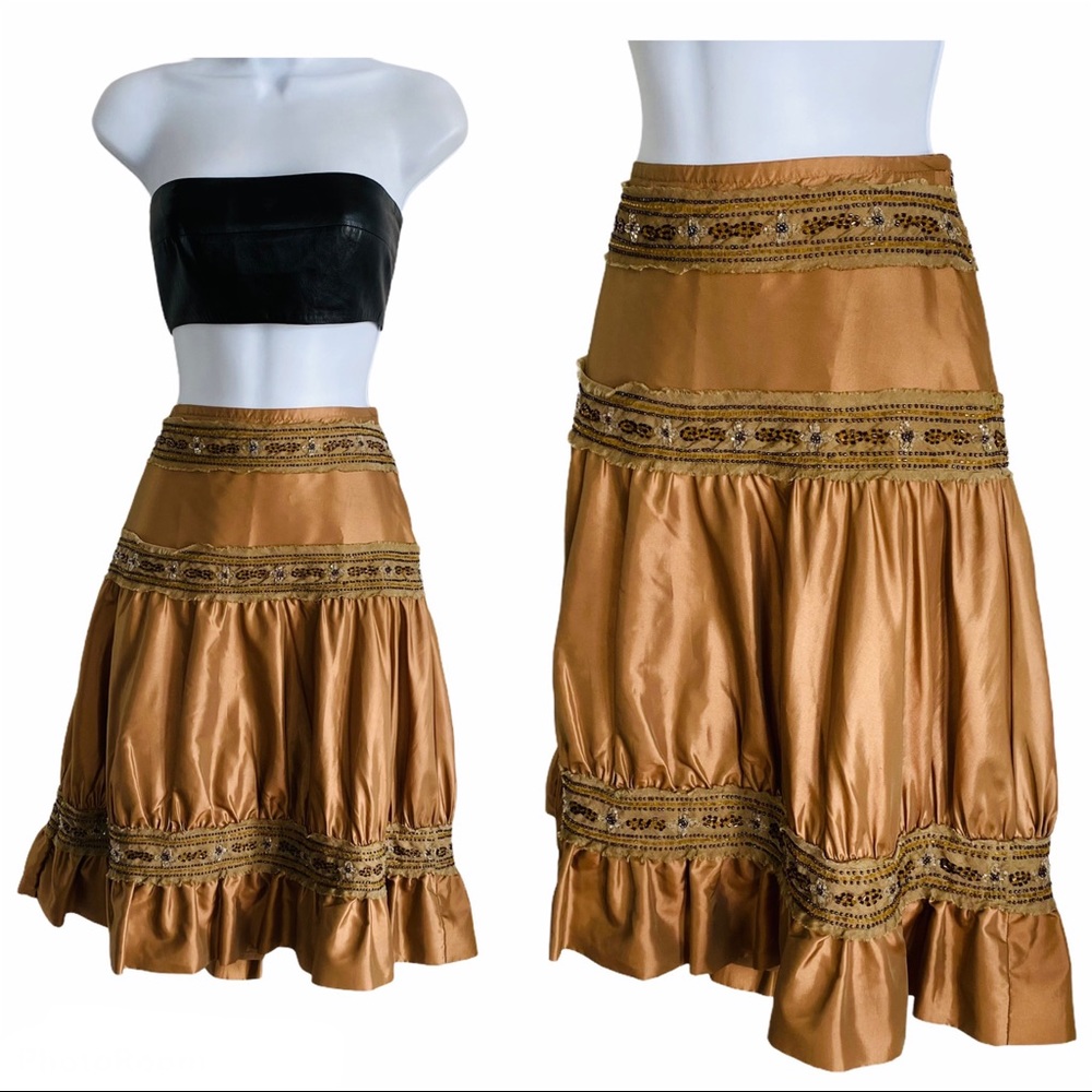 Beautiful Bloomer Style Bronze Beaded Satin Tiered Skirt Size 4 Drop Yoke Waist